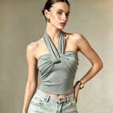 Women Built-in Padded Cross Wrap Halter Tank Top Back Self Tie Big Bow Side Ruched Slim Cropped Sleeveless Camisole Vest