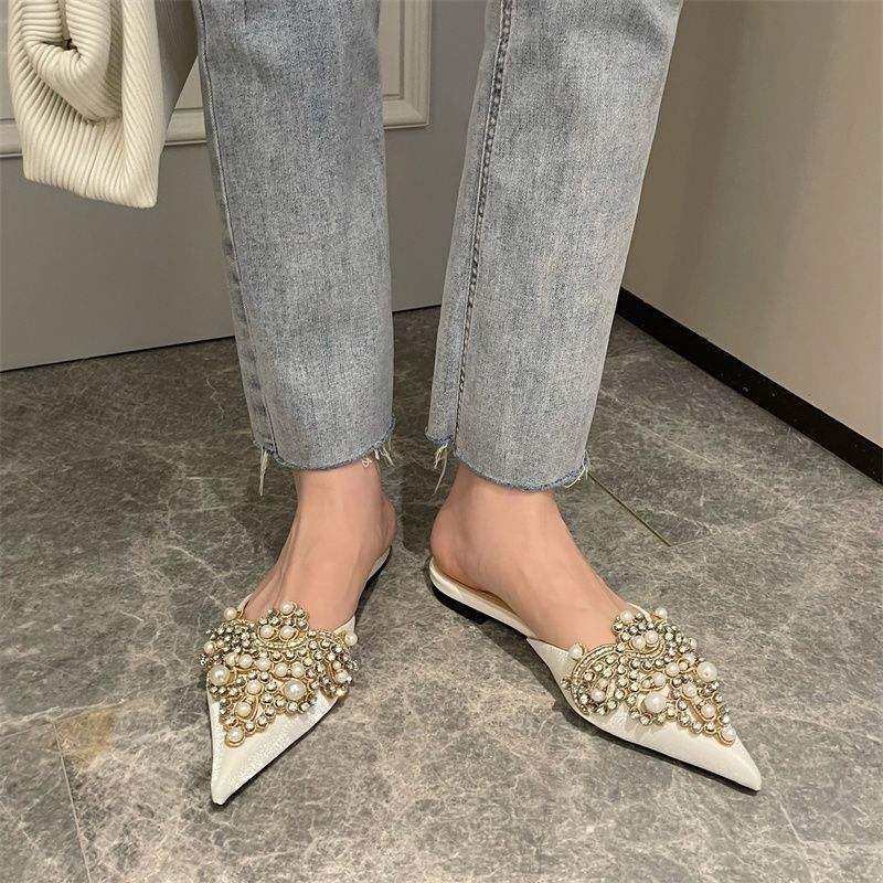 Ladies' Elegant Pearl Style Beach Sandals - Fashionable Mules Flat Shoes & Slippers