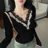 Korean Style V-Neck Rhinestone Lace Trim Knit Top Women's Slim Fit Long Sleeve Soft Casual Blouse