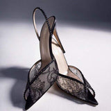 Women's Lace Rhinestone Slingback Heels Pointed Toe Stiletto Sandals for Wedding Party Evening