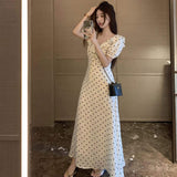 Vintage Polka Dot Long Dress for Women, French Sweetheart Style Ruffle Hem Dress, Waist Slim Elegant Summer Dress