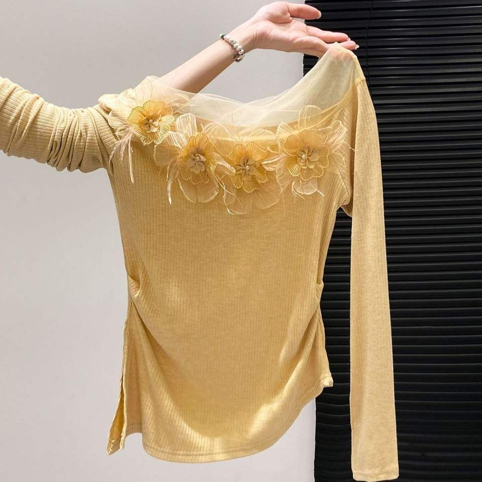 Korean Style Off Shoulder Lace Floral Long Sleeve Top Women Slim Fit Versatile Blouse for Spring & Autumn