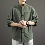 Men's 2025 Summer Japanese Style Casual Shirt Thin Loose Stand Collar 3/4 Sleeve Shirt
