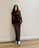 Trendy Hot Girl Crew Neck Dress Long Sleeve Slim Fit Bodycon Maxi Figure-Flattering Essential Slimming Long Dress for Women