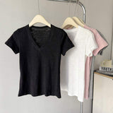 Glub Cotton Elegant High-end Short-sleeved T-shirt Women's Summer Slim-fit Korean-style Base Shirt V-neck Half-sleeve T-shirt