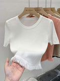 Ice Silk Graphic Tee Knitting Tops for Women Hem Fringe Short-Sleeved Tee