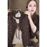 Korean Vintage Floral Print Ruffle Trim Faux Two-Piece Long Sleeve T-Shirt Women's Slim Fit Casual Top