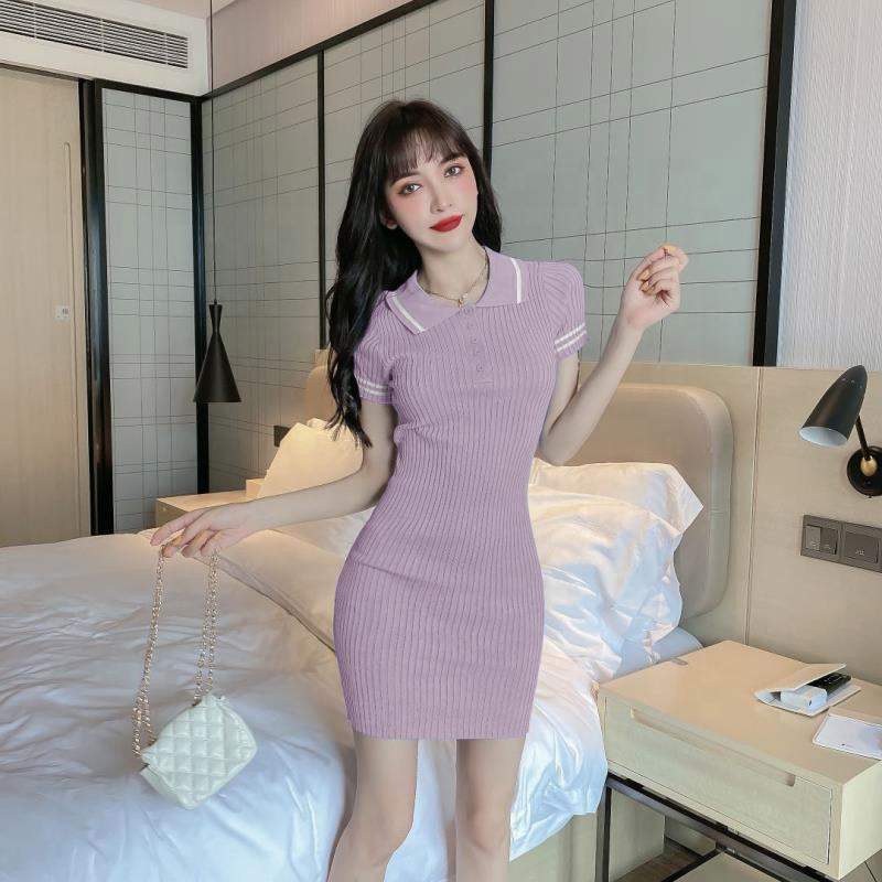 Polo Collar Sweater Dresses Button Package Hip Skirt Slim-fit Mini Dress