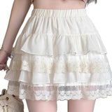 Women Elastic Waist Chiffon Lace Tiered Cake Mini Skirt White Ruffle Layered Sweet Girls Summer Flowy Short Skirts