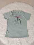 Women's Light Blue Lace Bow Tie Knit T-Shirt Elegant Square Neck Short Sleeve Slim Fit Casual Tops for Summer