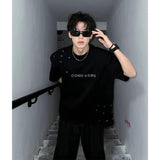 Men's Black Rivet T-Shirt with Metal Studs, Oversized Casual Streetwear Short Sleeve Tee