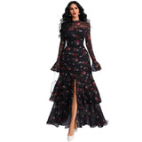 Mesh Long Sleeve Polka Dot Maxi Dress Women Ruffle Flare Sleeve High Slit Mermaid Evening Dress
