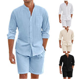 Men's Casual 2 Piece Outfit, 2026 New Arrival Mandarin Collar Long Sleeve Shirt & Shorts Set, Summer Vacation Suit