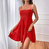 Women Spaghetti Strap Smocked Bust Tiered Ruffle Mini Dress Square Neck Loose Swing Summer Casual Beach Dress