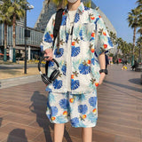 Men's Tropical Print Two Piece Set - Short Sleeve Hawaiian Shirt & Shorts Beach Vacation Outfit