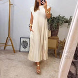 Women Solid Pleated Maxi Dress Loose A-Line Long Dress Casual Elegant Daily Straight Pleated Sundress