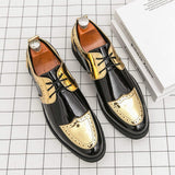 Men Patent Leather Wingtip Brogue Dress Shoes Gold Metallic Accent Lace up Formal Evening Event Comfort Fit Insole
