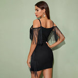 Women Off Shoulder Fringe Dress Spaghetti Strap Tassel Bodycon Party Mini Dress