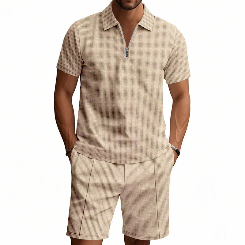 Men's Summer 2 Piece Outfit Waffle Knit Solid Color Casual Loose Lapel T-Shirt & Shorts Set
