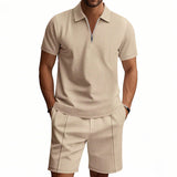 Men's Summer 2 Piece Outfit Waffle Knit Solid Color Casual Loose Lapel T-Shirt & Shorts Set
