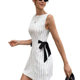 Women Striped Sleeveless Mini Dress Elegant Boat Neck Bow Tie Side Bodycon Party Casual Office Ladies Short Dress