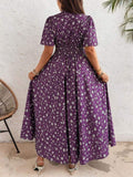 Plus Size Women Ditsy Floral Print V Neck Puff Short Sleeve A-Line Maxi Dress Flowy Summer Sundress Ladies Casual Long Dress