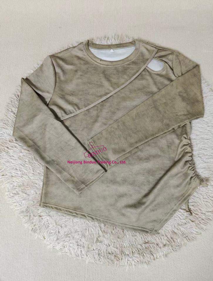 Large Size Girls Autumn Round Neck Hollow Design Tie-Dye T-Shirt Waist - Cinching Slimming Long Sleeve Knitted Top