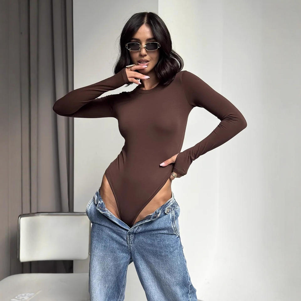 Women Crew Neck Long Sleeve Bodysuit Thumb Hole Slim Fit Basic Bodycon Top Ladies Stretchy Layering Bodysuit