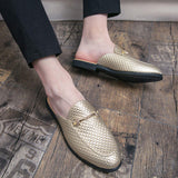 Men Quilted Backless Loafer Slip on Gold Metal Accent Horsebit Detail Cushioned Insole Breathable Lining Slides Slippers for Men