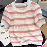 Knitted Graphic Tee Ice Silk Tops for Women Streak Short Sleeve Top