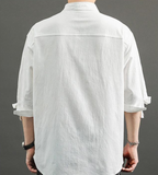 Men's 2025 Summer Japanese Style Casual Shirt Thin Loose Stand Collar 3/4 Sleeve Shirt