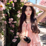 Pink Loose Spaghetti Strap Midi Dress Floral Applique Casual Swing Dress for Women