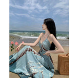 Bohemian Tie Dye Spaghetti Strap Maxi Dress Women V Neck High Waist Flowy Long Dress Holiday Beach Vacation Sundress