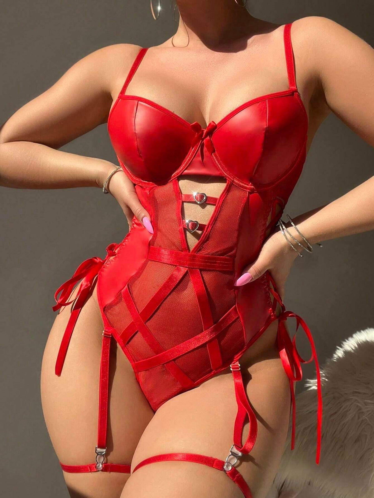 Best-Selling Valentine's Day New Arrival: PU Strappy Cross-Over Heart Rhinestone Sexy Bodysuit