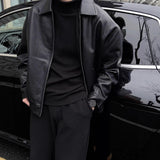 Men Black Lapel Faux Leather Jacket Loose Oversized Zip up Casual Motorcycle Coat Daily Streetwear Outerwear