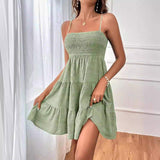 Women Spaghetti Strap Smocked Bust Tiered Ruffle Mini Dress Square Neck Loose Swing Summer Casual Beach Dress