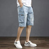 Vintage Multi-Pocket Denim Shorts for Men Summer Casual Baggy Trendy 5-Inch Knee-Length Cargo Pants
