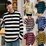 Men Two Tone Striped Long Sleeve T Shirt Loose Crew Neck Casual Stripe Top