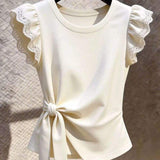 Summer New Arrival Women French Elegant Designer Crew Neck Tie Waist Irregular Flutter Sleeve T-Shirt Chic Lady Casual Tops
