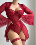 Lace Sheer Bodysuit Lingerie Set Women's Seductive Mesh Robe Nightwear