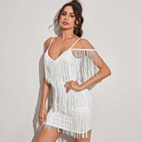 Women Off Shoulder Fringe Dress Spaghetti Strap Tassel Bodycon Party Mini Dress