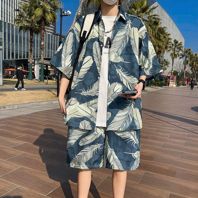 Men's Tropical Print Two Piece Set - Short Sleeve Hawaiian Shirt & Shorts Beach Vacation Outfit