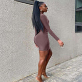 Long Sleeve Double Hollow Out Mini Dress Women Metal Ring Ruched Waist Bodycon Night Club Figure Hugging Stretch Short Dress