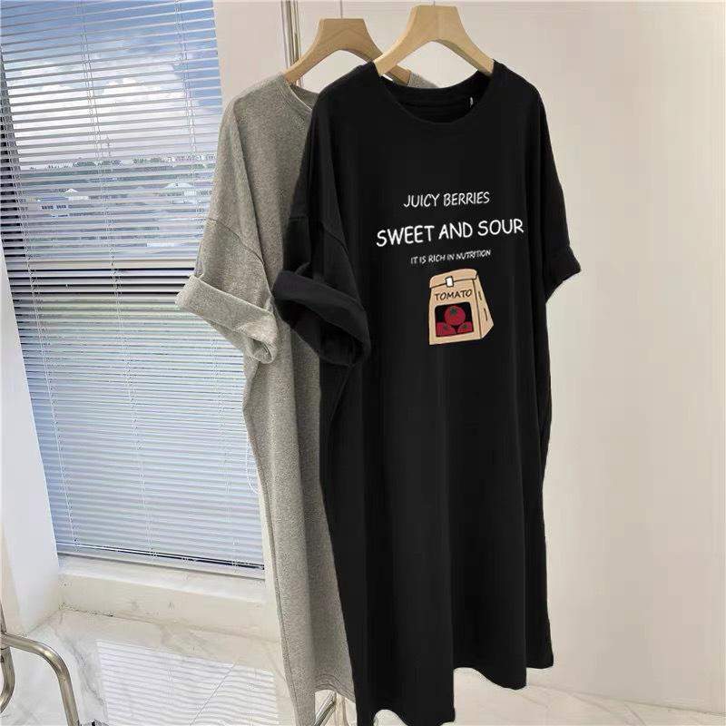 Large Size Retro Chic Short-sleeved T-shirt Dress Women's New Loose Slimming Mid-length Split Skirt for Summer