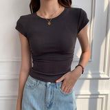 Crew Neck Side Ruched Short Sleeve T Shirt Women Stretch Slim Fit Basic Cropped Blouse