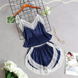 Women's Sexy Lace Sleeveless V-Neck Satin Sling Vest Top Shorts Summer Two Piece Pajama Sets with Front  Sleepwear Nightwear