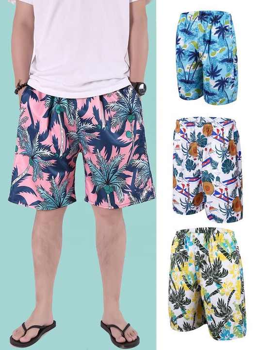 Men's Plus Size Beach Canvas Casual Mid Waist Quick-dry Breathable Loose Fit Cropped Shorts Floral Athleisure Pants