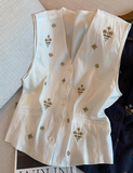 Summer Old Money Style Embroidered Sleeveless Top, Women V-Neck Loose Versatile Elegant Vest Tank Top