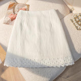 Women High Waist Lace Hem Mini Skirt Solid Color Textured a Line Short Skirt Casual Sweet Girls Mini Skirts With Lace Trim