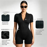 Women Ribbed Half Zip Stand Collar Short Sleeve Romper Slim Bodycon Bike Short Jumpsuit Fitness Workout Bodysuit